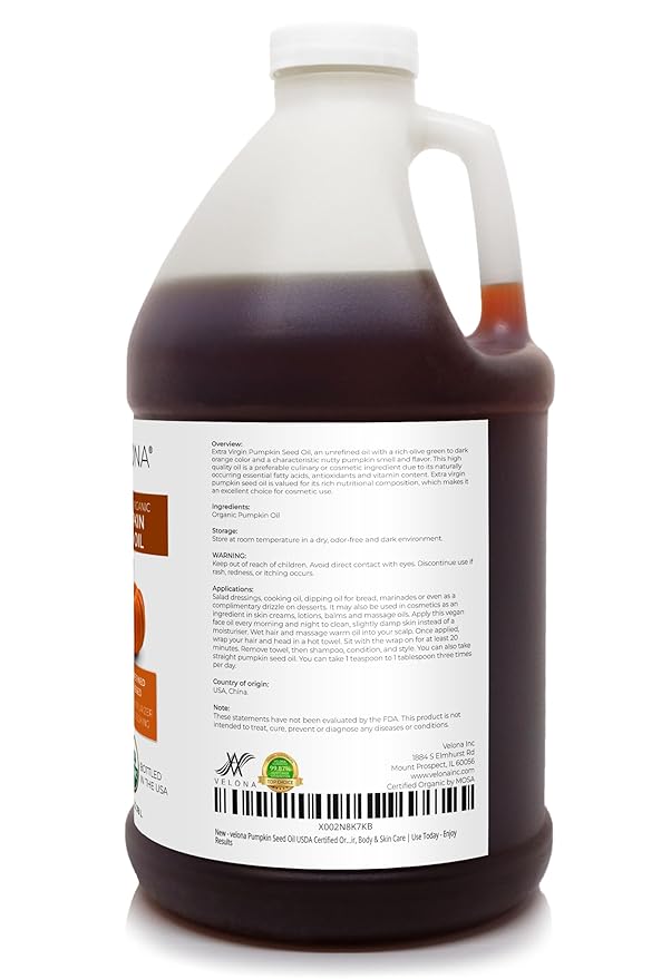 velona Pumpkin Seed Oil USDA Certified Organic - 1 Gallon / 128 Fl Oz | 100% Pure and Natural