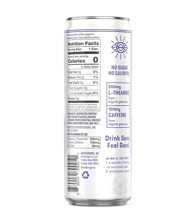 ARDOR ENERGY Sparkling Water with 100mg Natural Caffeine & 200mg L-Theanine from Organic Green Tea