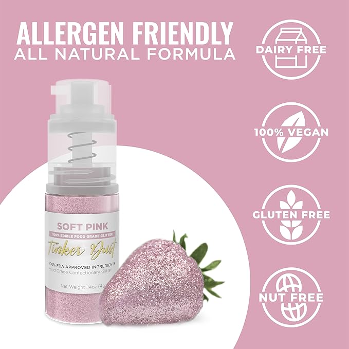 Bakell - Soft Pink Tinker Dust (4g, 1x Mini Spray Pump) Edible Glitter for Food, Desserts, and