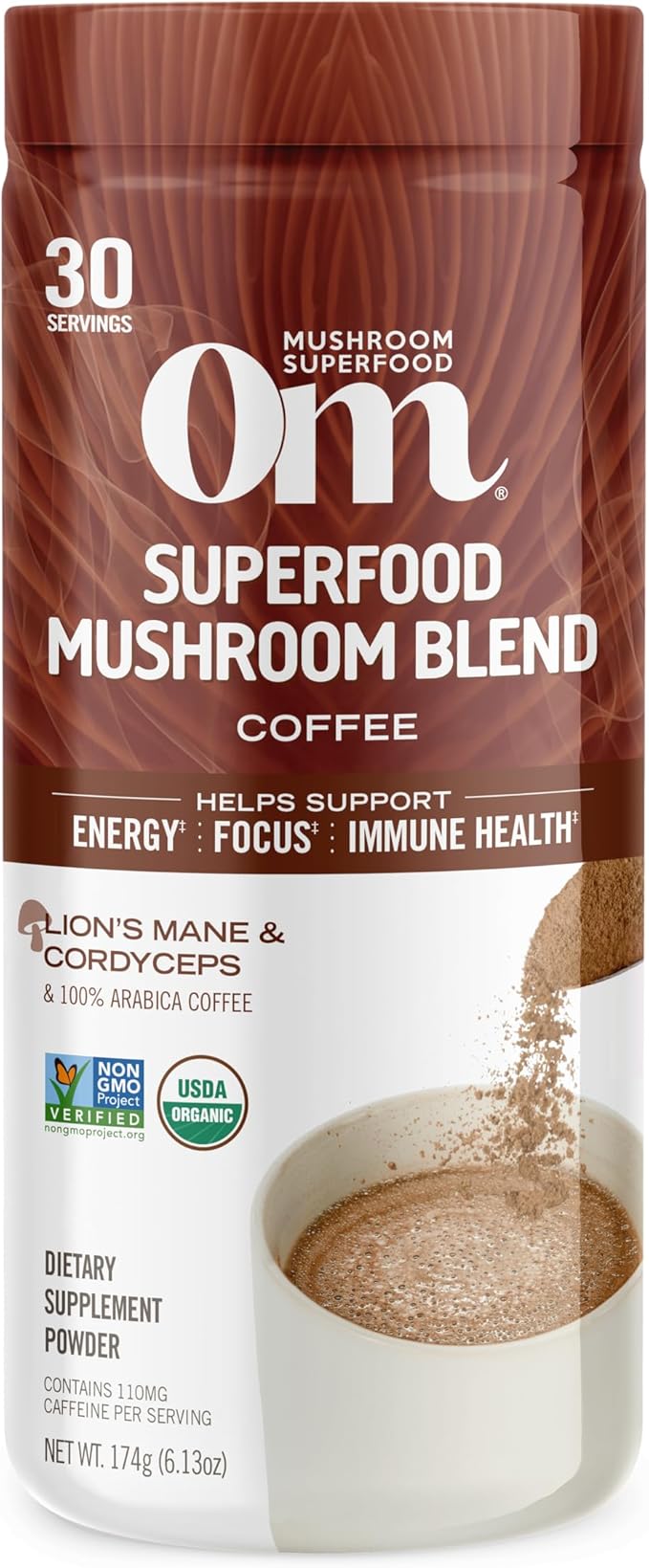 OM MUSHROOM SUPERFOOD Coffee Blend Mushroom Powder, 6.24 Ounce Canister, 30 Servings, Organic