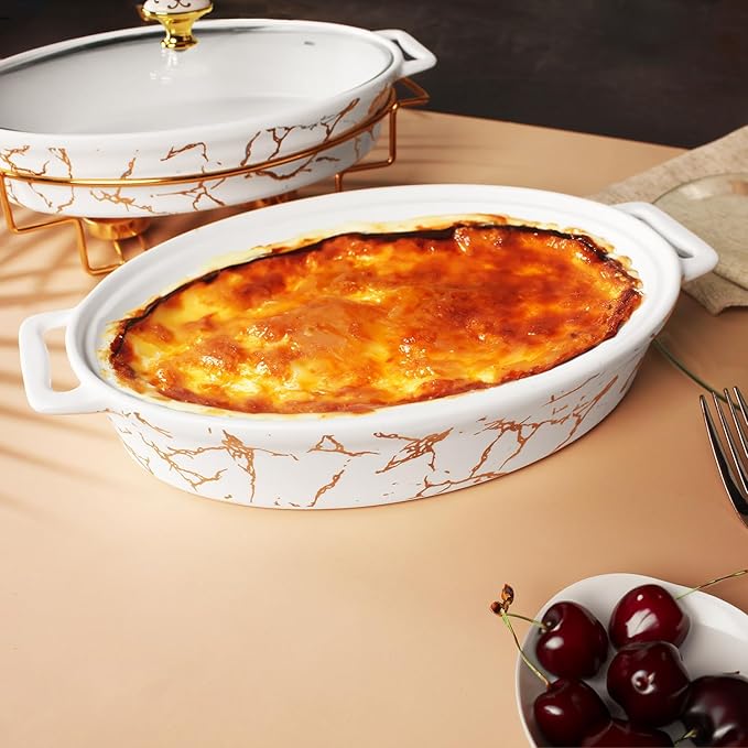 12" x 8" Ceramic Casserole Baking Dish With Glass Cover, Lasagna Pan Deep for Oven, 1.7 Quarts