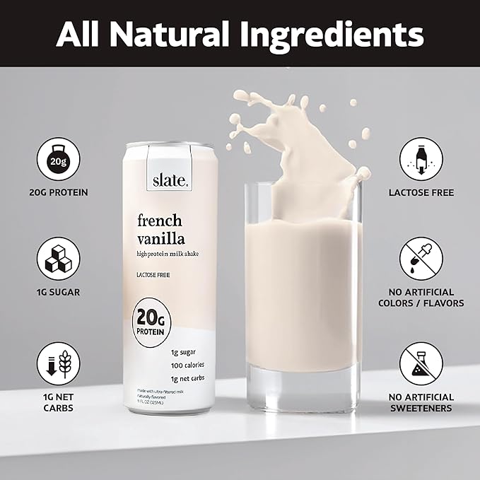 Slate Milk - High Protein Milk Shake - French Vanilla - Lactose Free, 20g Protein, 1g Sugar, 100