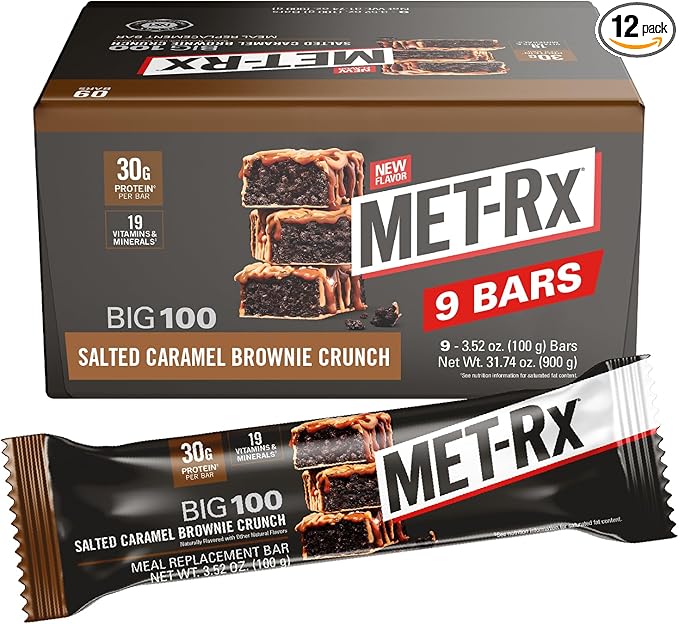 MET-Rx Big 100 Protein Bar, Meal Replacement Bar, 30G Protein, Salted Caramel Brownie Crunch, 9