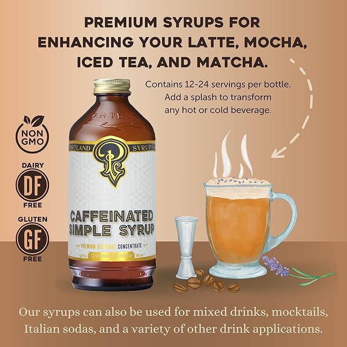 Portland Syrups - Caffeinated Simple Syrup - Premium Beverage Concentrate for a Boost of Clean