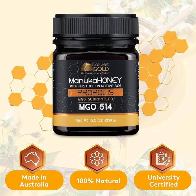 Nature’s Gold Raw Manuka Honey with Australian Native Bee Propolis, MGO 514+ | 8.8oz (250g), 100%
