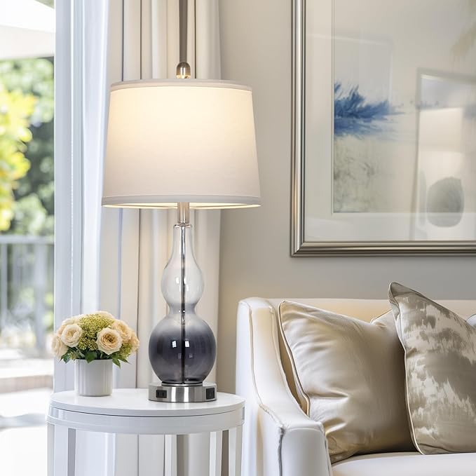 27.5" Gradual Gray Clear Glass Table Lamp Set of 2,3-Way Dimmable Touch Control Bedside Lamps with