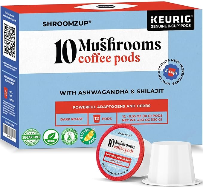 Shroomzup Mushroom Coffee K Cups 12 Pods - 10 Mushroom Coffee with Ashwagandha and Shilajit - Dark