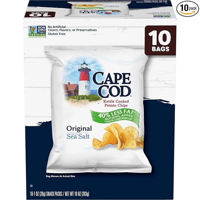 Cape Cod Potato Chips, Less Fat Original Kettle Chips, 1 Oz Snack Bags, 10 Ct