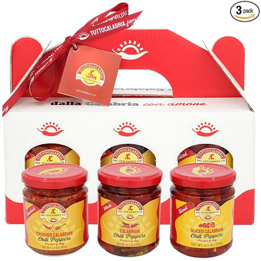 TUTTOCALABRIA Gift Set, Variety 3 Pack, Crushed, Sliced, Calabrian Chili Pepper Gift Set (3 Pack X