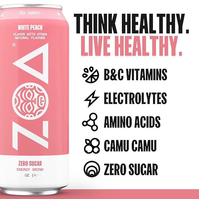 ZOA Zero Sugar Energy Drinks, White Peach - Sugar Free with Electrolytes, Healthy Vitamin C, Amino