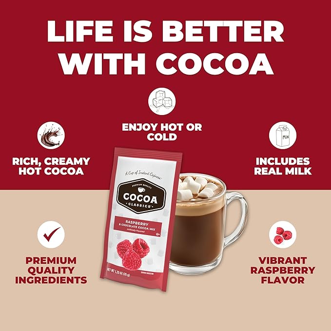 Cocoa Classics Raspberry Cocoa Mix, Hot Chocolate, Made with Nonfat Milk, Just Add Hot Water, Make