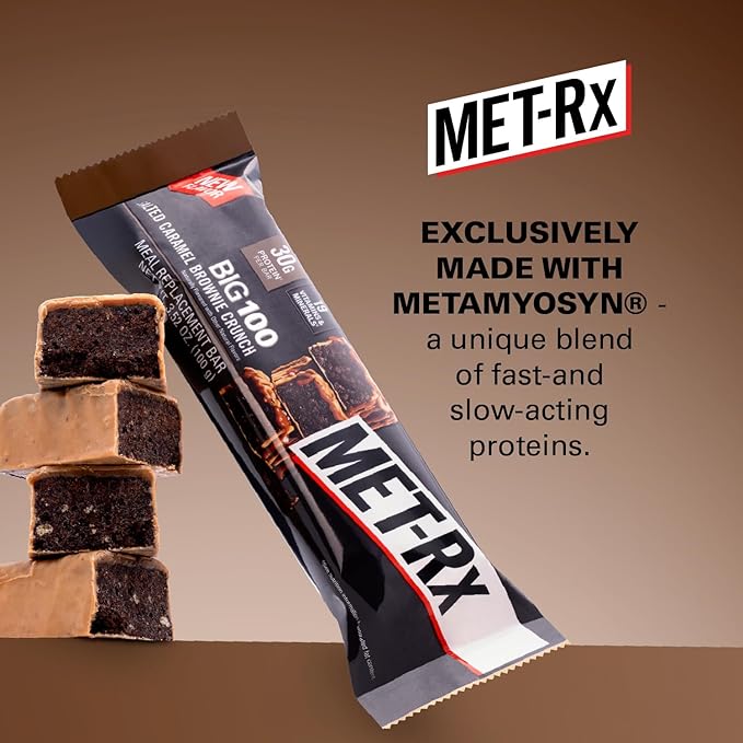 MET-Rx Big 100 Protein Bar, Meal Replacement Bar, 30G Protein, Salted Caramel Brownie Crunch, 9
