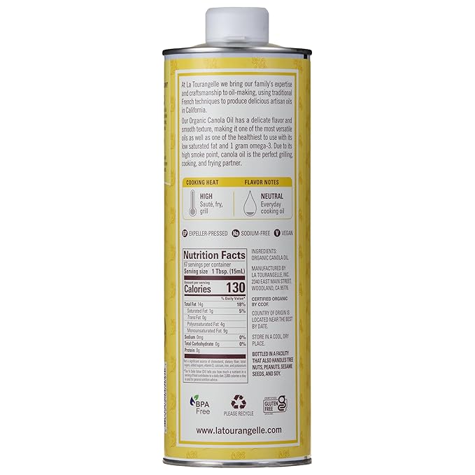 La Tourangelle, Organic Canola Oil, Expeller-Pressed Non-GMO Canola Seeds, Pesticide and Chemical