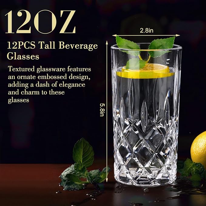 Uiifan Set of 12 Tall Highball Glasses 12 oz Crystal Drinking Glasses Clear Fancy Cups Vintage