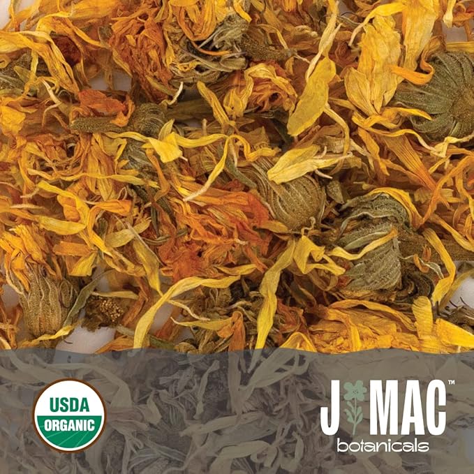 J Mac Botanicals, Organic Calendula Flower (4 ounce), whole dried flowers and petals, loose leaf