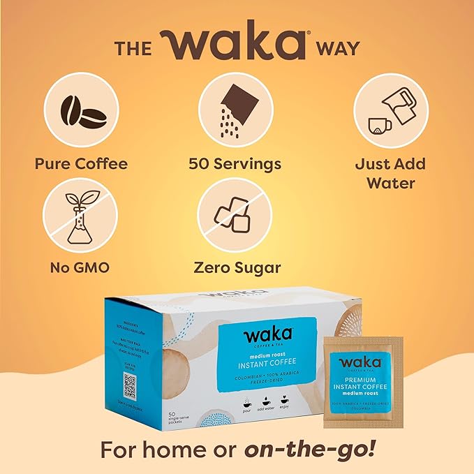 Waka Instant Coffee, Medium Roast - 100% Arabica Colombian Beans, Freeze Dried Granules, No
