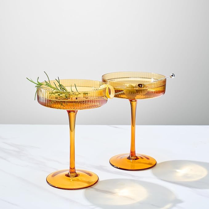 Khen Ribbed Vintage Art Deco Coupe Glasses - Martini, Champagne & Cocktail Ribbed Glasses 8oz |