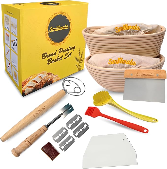Set of 2 Banneton Bread Proofing Basket with linen Liner, 9" Round & 10" Oval bread basket with 9
