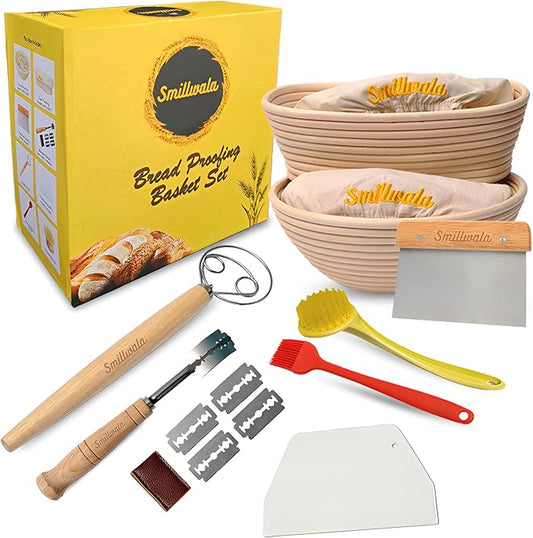 Set of 2 Banneton Bread Proofing Basket with linen Liner, 9" Round & 10" Oval bread basket with 9
