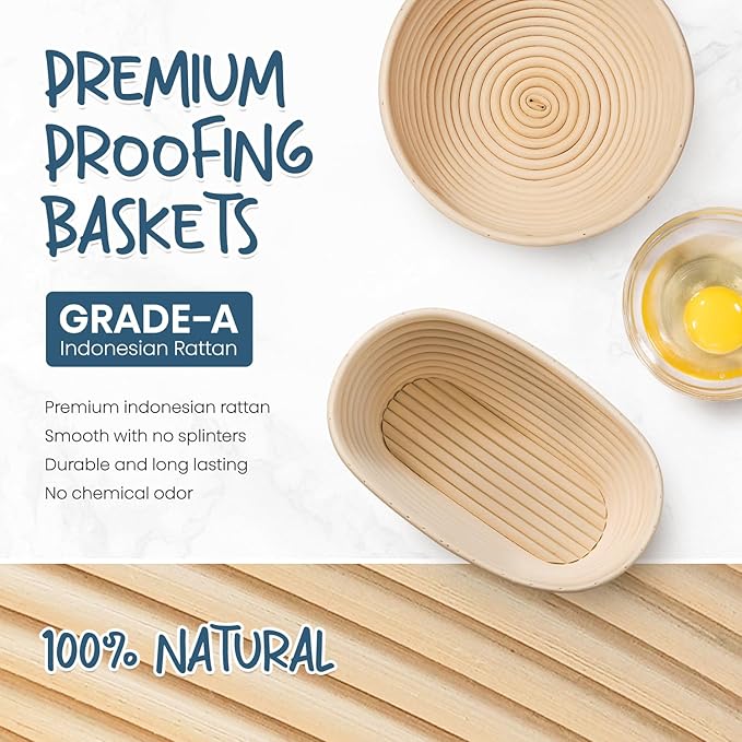 RORECAY Bread Banneton Proofing Basket Set, 9 Inch Round & 10 Inch Oval Cane Sourdough Baskets with