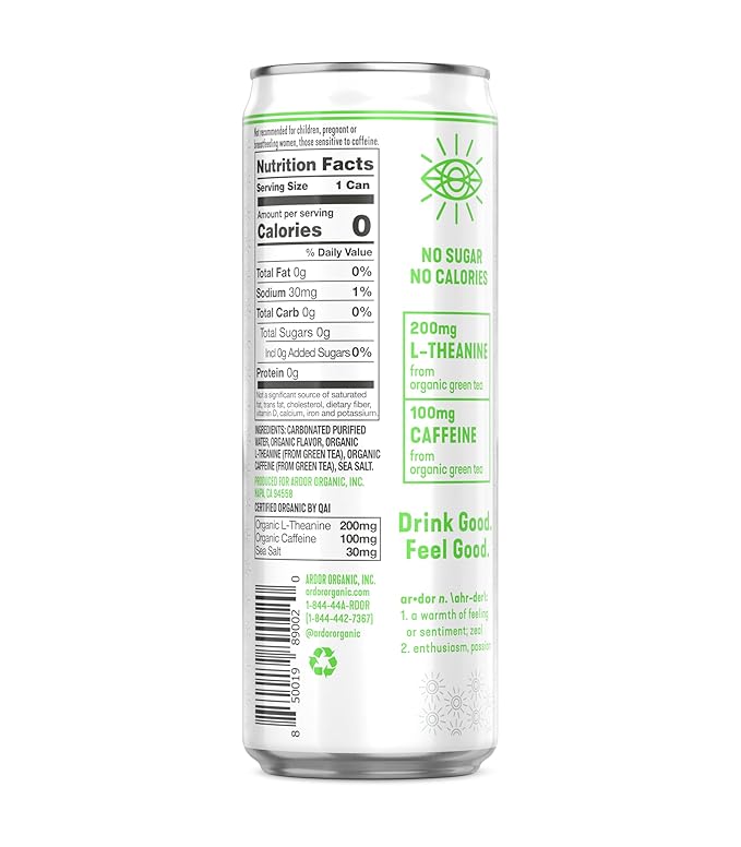 ARDOR Sparkling Water with 100mg Natural Caffeine & 200mg L-Theanine from Organic Green Tea for