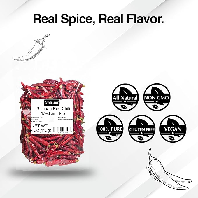 Natruen Whole Dry Szechuan Chinese Red Chili Pods 4 Oz (Medium Hot), Spicy Sichuan Dried Red Hot
