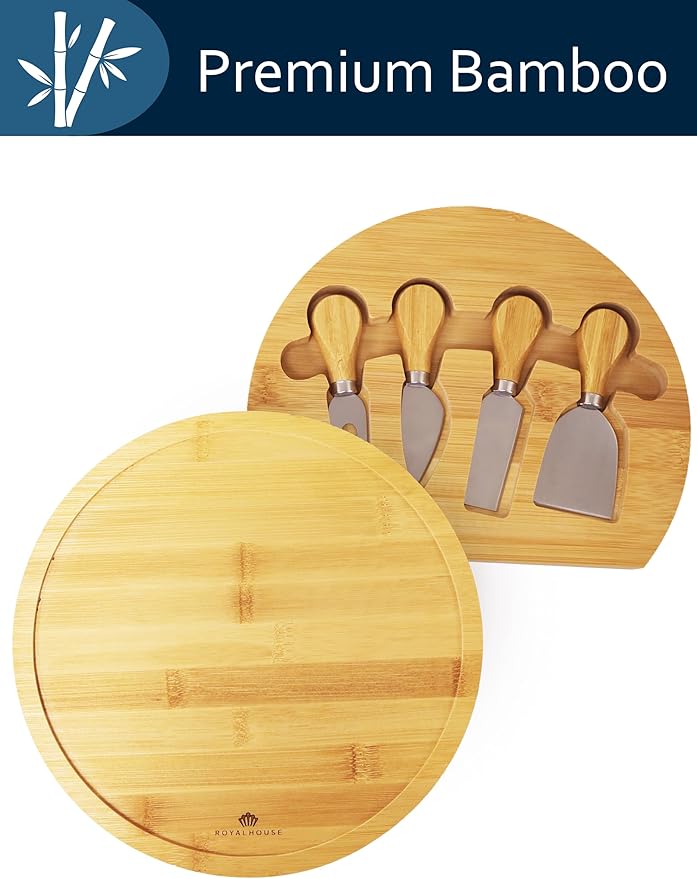 RoyalHouse Bamboo Round Cheese Board and 4 Knives Set with Slide-Out Cutlery Drawer - Charcuterie