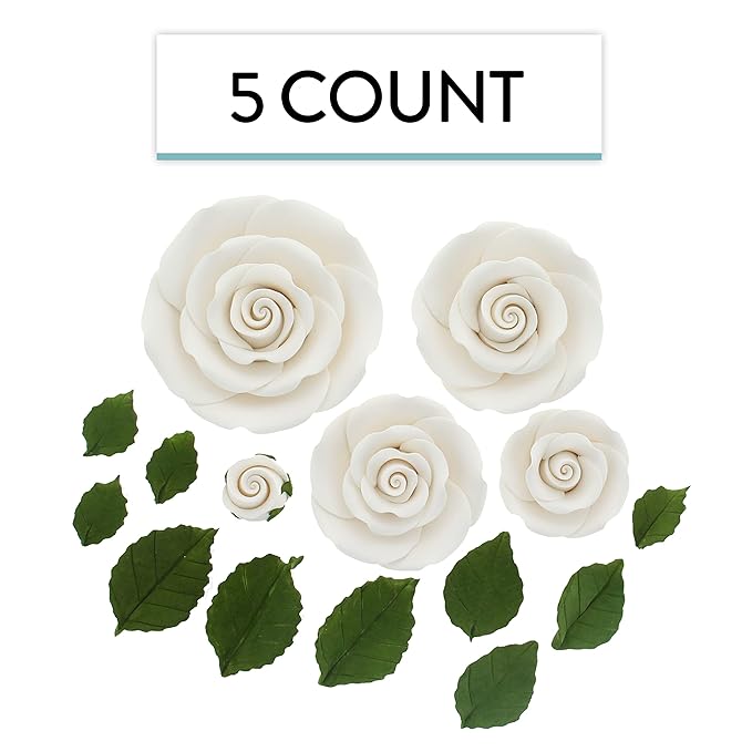 Global Sugar Art Exquisite Rose & Leaf Tray Edible Sugar Cake Flowers, White Unwired, 5 Count by