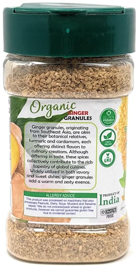 Rani Organic Granulated Ginger (Adarak Granules) 3oz (85g) PET Jar ~ All Natural | Gluten Friendly