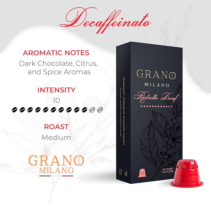 Grano Milano Ristretto Decaf - 50 Espresso Pods Compatible with Nespresso Original line, Medium