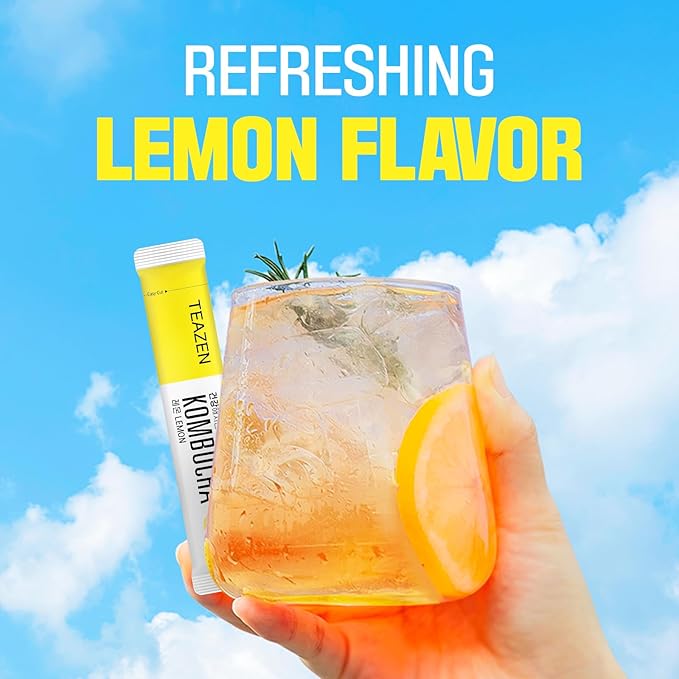 TEAZEN Lemon Kombucha Tea, Hydration Drink Mix, Sugar Free, Live Probiotics & Prebiotics, 10