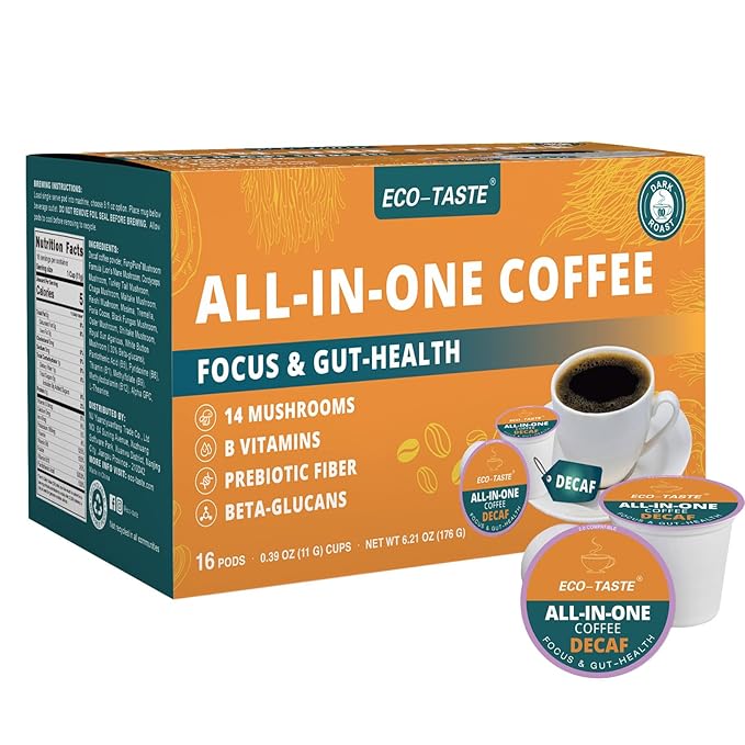 Decaf Mushroom Coffee K Cup – Focus & Gut-Health with 14-Mushrooms, Vitamins, L-Theanine and Alpha
