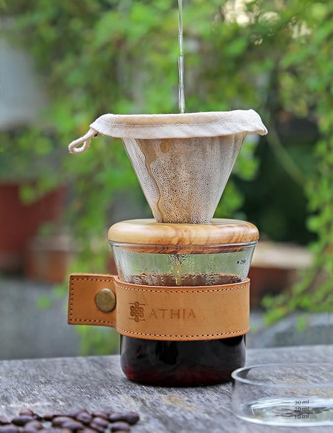 ATHIA glass pour over coffee maker set, minimalist drip coffee maker with reusable cloth filter