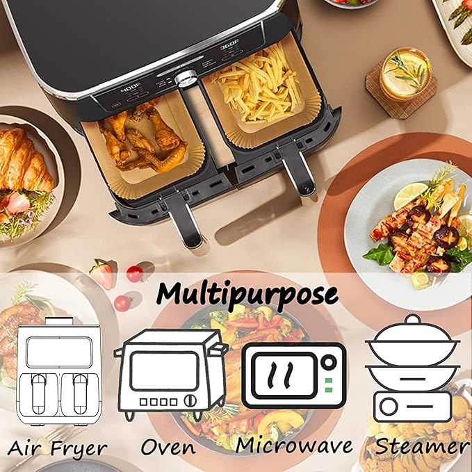 Air Fryer Paper Liners for Dual Zone Airfryer, 200pcs 8.1x5.5 inch Rectangle Disposable Inserts for