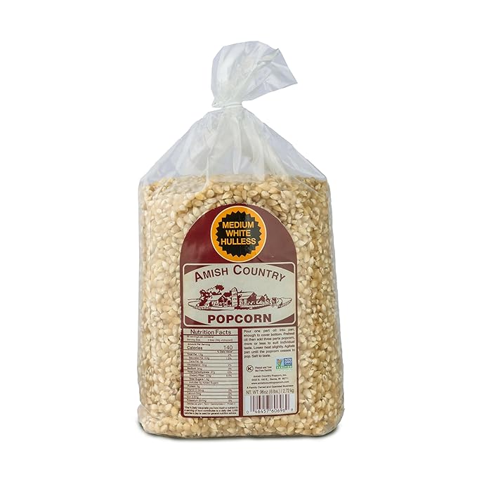 Amish Country Popcorn Medium White Popcorn Kernels, 6LB Bag - Non-GMO, Gluten Free, Hulless, Old