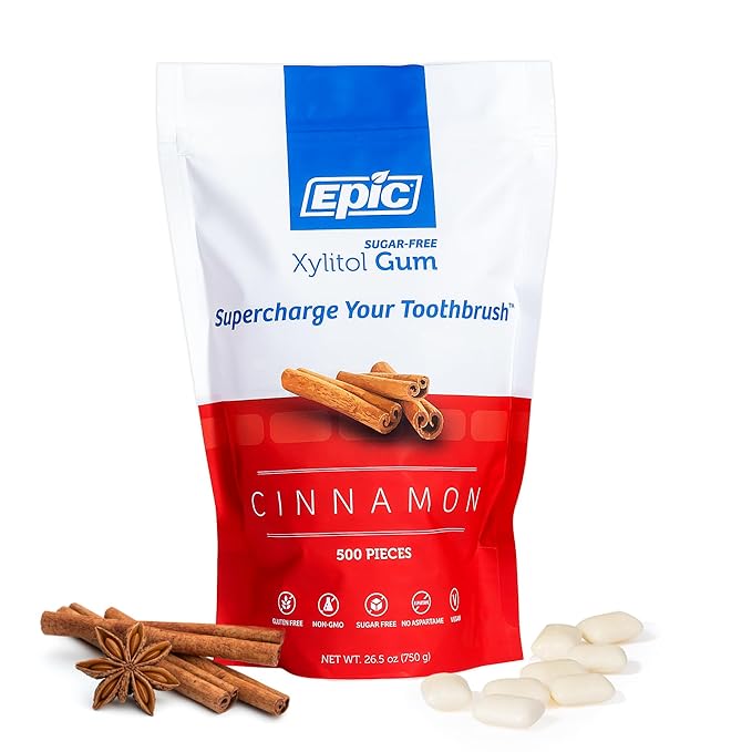 Epic 100% Xylitol Cinnamon Chewing Gum - Sugar Free, Aspartame Free Dental Gum - Supports Oral