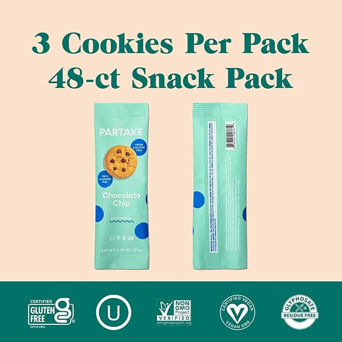 Partake Gluten Free Soft Baked Chocolate Chip Cookies - Vegan - Free From the Top 9 Allergens