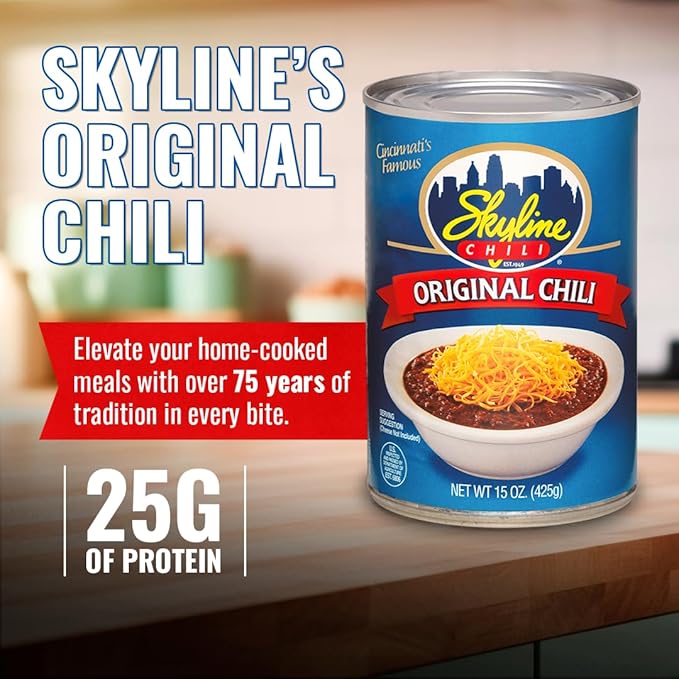 Skyline Chili Bundle - 8-Pack of 15oz Cans Original Chili, (1) 6oz Skyline Hot Sauce Bottle