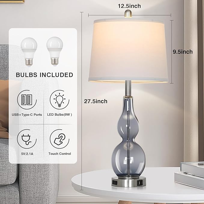27.5" Gray Clear Glass Table Lamp Set of 2,3-Way Dimmable Touch Control Bedside Lamps with USB