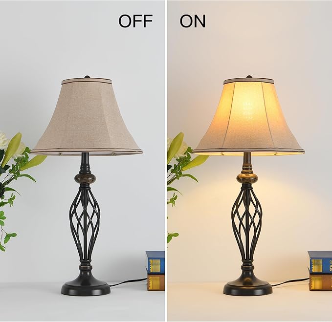 3 Pack Lamp Set, Living Room Lamp Set with Vintage Brown Fabric Shades, Bronze Finish, Solid Iron