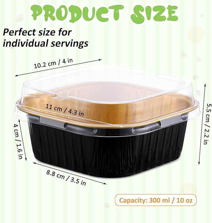 Aoriher 150 Pieces 10 oz Mini Cake Pans with Lids Aluminum Foil Baking Cups Square Disposable 4" x