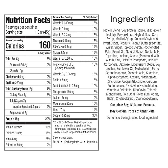 WonderSlim Meal Replacement Protein Bar, Peanut, 15g Protein, 20 Vitamins & Minerals, Gluten Free