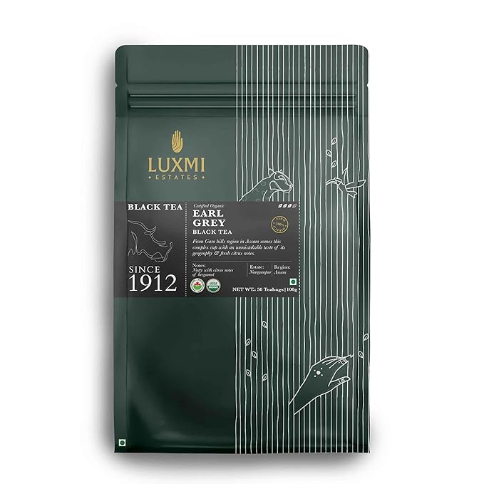 Luxmi Estates Garo Hills Organic Earl Grey Black Tea 50 Tea Bags (100gm) Pack | USDA Organic - Earl