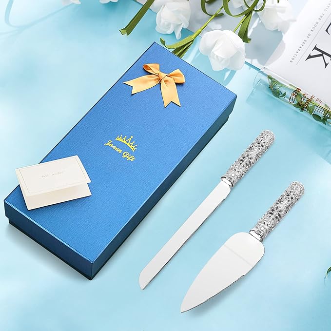 Wedding Cake Knife and Server Set - 2 Piece Dessert Set Metal Handle with Crystal Stones Decoration