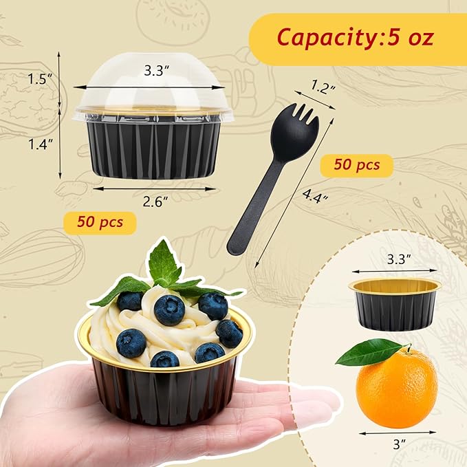 5oz Foil Ramekins with Lids 50 Pack,Free-Air Aluminum Foil Cupcake Liners Muffin Cups,Disposable