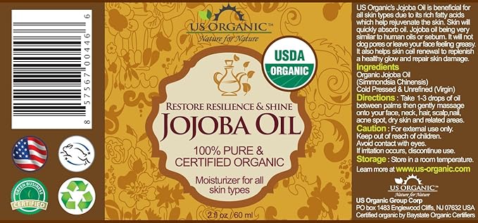 US Organic Jojoba Oil, USDA Certified Organic,100% Pure & Natural, Cold Pressed Virgin, Unrefined
