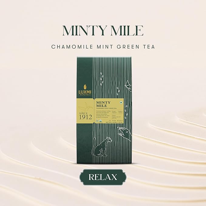 Luxmi Estates Minty Mile Organic Chamomile Mint Green Tea (25 Tea Bags) Low Caffeine Tea Bags For