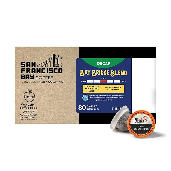 San Francisco Bay Compostable Coffee Pods - DECAF Bay Bridge Blend (80 Ct) K Cup Compatible, Medium