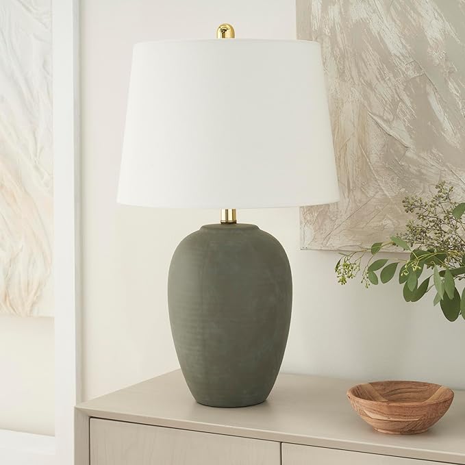 Nourison Home 23" Olive Green Ceramic Pot Table Lamp for Bedroom, Living Room, Dining Office, with