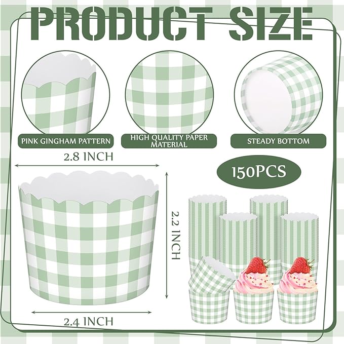 Vesici 150 Pcs Sage Green Gingham Ice Cream Cups 5oz Dessert Paper Bowls Gingham Scalloped Cupcake